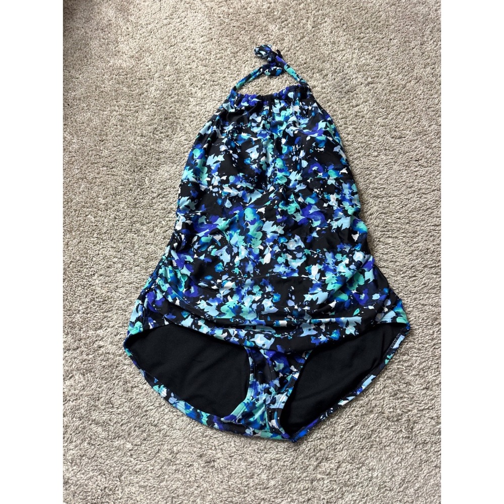 Speedo Womens XL Blue Floral Halter Neck Swim Dress One Piece Swimsuit 7722173